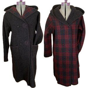 VTG Woolrich Long Blanket Hooded Wool Coat S Plaid Burgundy Charcoal Reversible